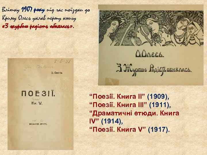 Влітку 1907 року під час поїздки до Криму Олесь уклав першу книгу «З журбою