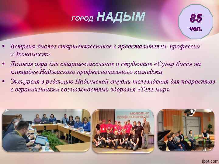 ГОРОД НАДЫМ 85 чел. • Встреча-диалог старшеклассников с представителем профессии «Экономист» • Деловая игра