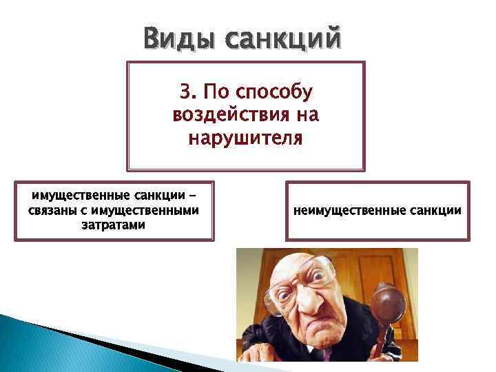 Виды санкций 3. По способу воздействия на нарушителя имущественные санкции – связаны с имущественными