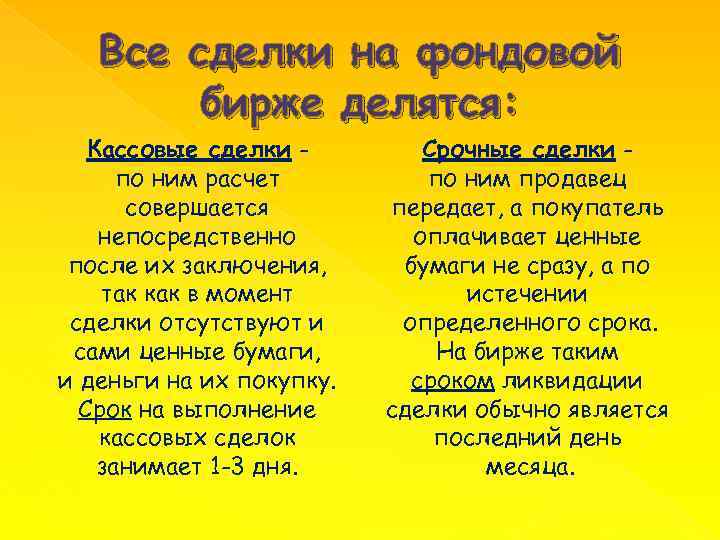 Все сделки на фондовой бирже делятся: Кассовые сделки по ним расчет совершается непосредственно после