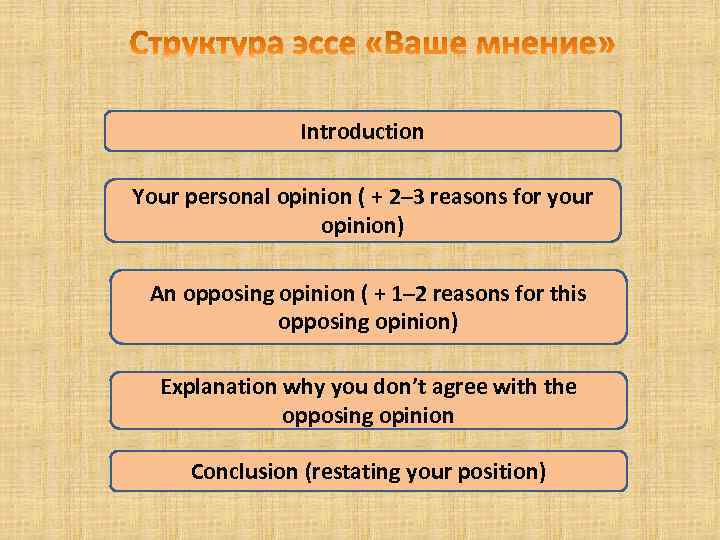 Introduction Your personal opinion ( + 2– 3 reasons for your opinion) An opposing