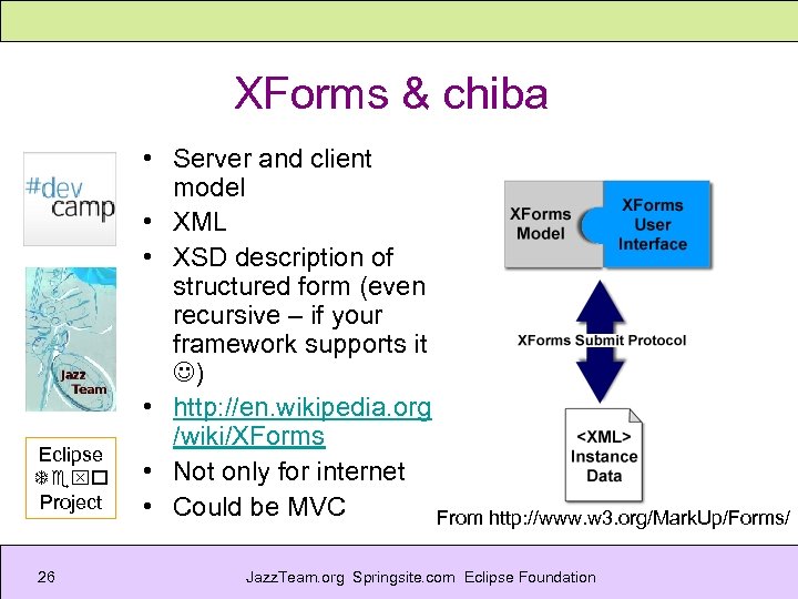 XForms & chiba Eclipse Texo Project 26 • Server and client model • XML