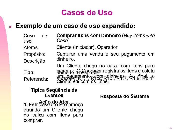 Casos de Uso n Exemplo de um caso de uso expandido: Caso de uso: