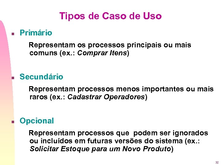Tipos de Caso de Uso n Primário Representam os processos principais ou mais comuns