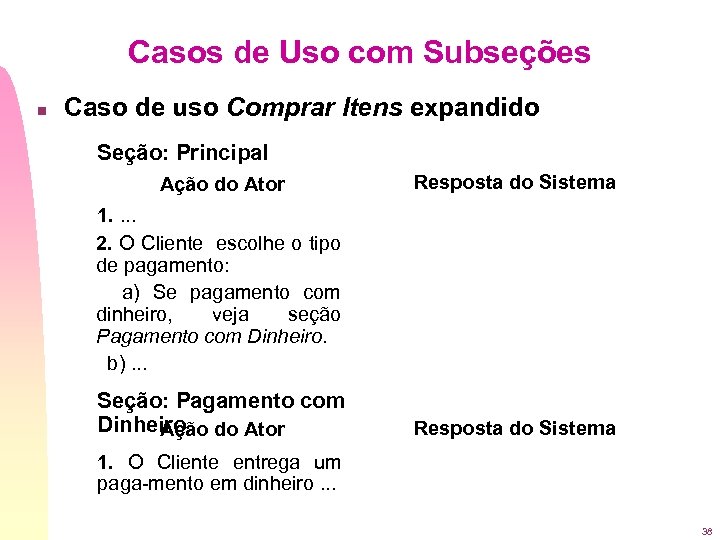 Casos de Uso com Subseções n Caso de uso Comprar Itens expandido Seção: Principal