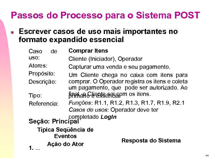 Passos do Processo para o Sistema POST n Escrever casos de uso mais importantes