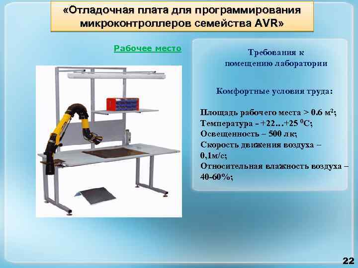  «Отладочная плата для программирования микроконтроллеров семейства AVR» Рабочее место Требования к помещению лаборатории