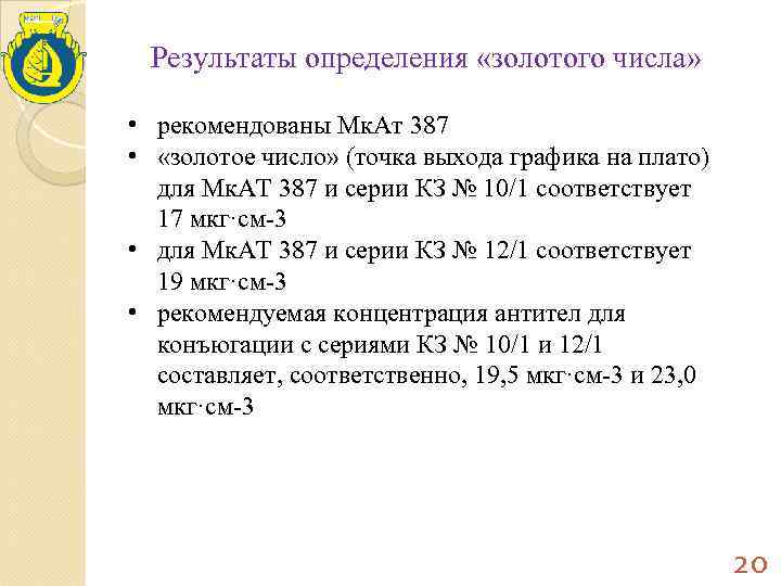 Результаты определения «золотого числа» • рекомендованы Мк. Ат 387 • «золотое число» (точка выхода