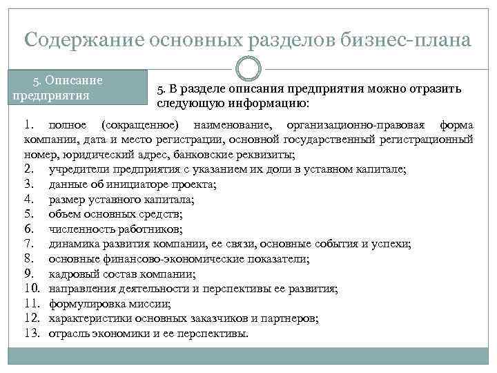 Содержание основных разделов бизнес-плана 5. Описание предприятия 5. В разделе описания предприятия можно отразить