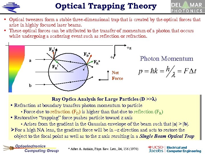 Optical Trapping Theory • Optical tweezers form a stable three-dimensional trap that is created