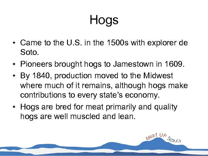 Hogs • Came to the U. S. in the 1500 s with explorer de