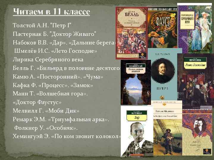 Читаем в 11 классе Толстой А. Н. "Петр I" Пастернак Б. "Доктор Живаго" Набоков