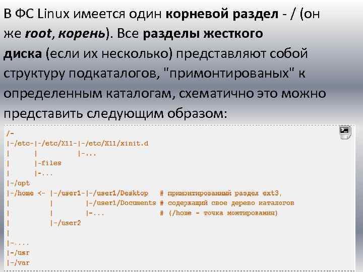 В ФС Linux имеется один корневой раздел - / (он же root, корень). Все