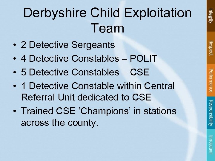 Derbyshire Child Exploitation Team • • 2 Detective Sergeants 4 Detective Constables – POLIT