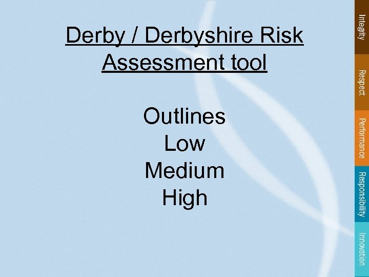 Derby / Derbyshire Risk Assessment tool Outlines Low Medium High 
