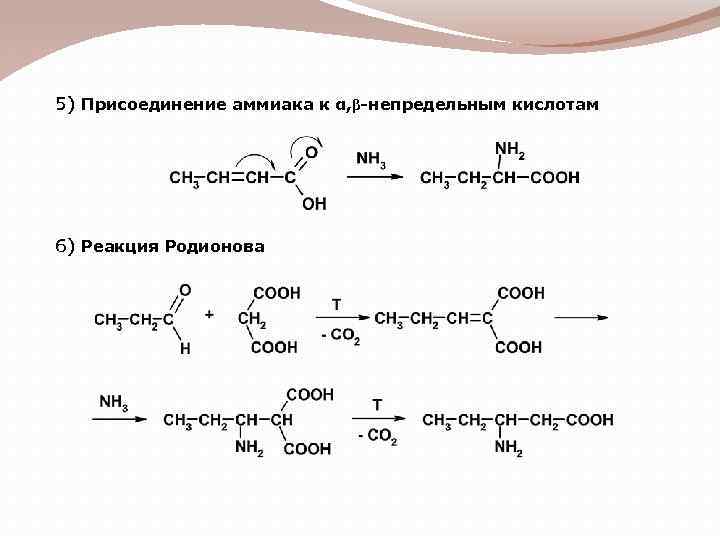 5) Присоединение аммиака к α, β-непредельным кислотам 6) Реакция Родионова 