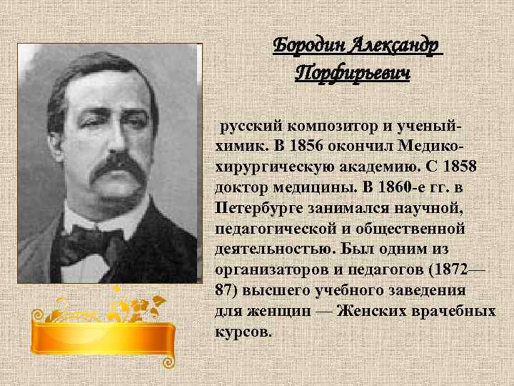 Бородин Александр Порфирьевич русский композитор и ученыйхимик. В 1856 окончил Медикохирургическую академию. С 1858