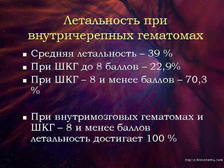 Летальность при внутричерепных гематомах n n Средняя летальность – 39 % При ШКГ до