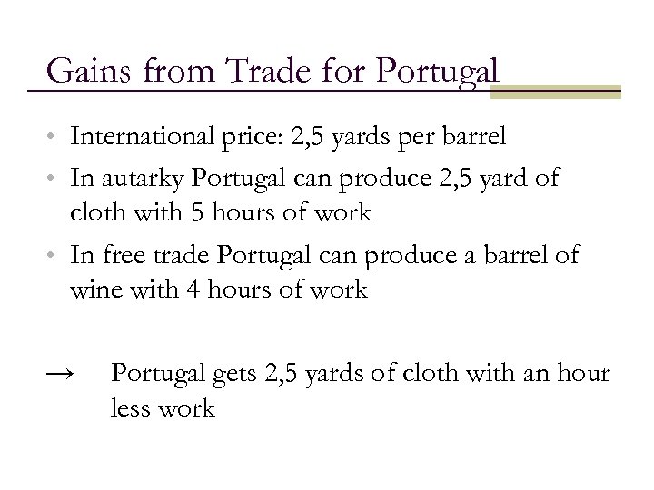 Gains from Trade for Portugal • International price: 2, 5 yards per barrel •