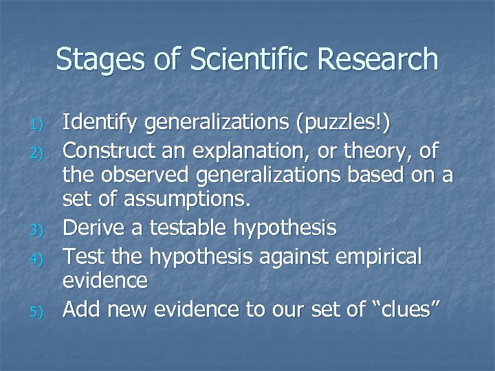 Stages of Scientific Research 1) 2) 3) 4) 5) Identify generalizations (puzzles!) Construct an