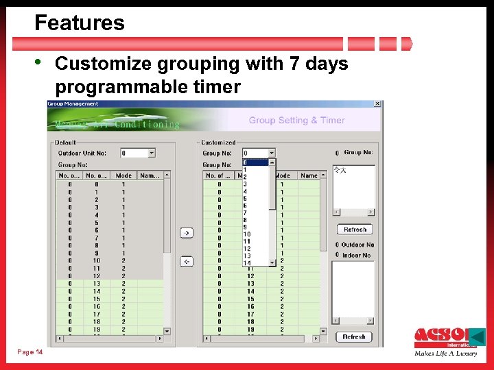 Features • Customize grouping with 7 days programmable timer Page 14 