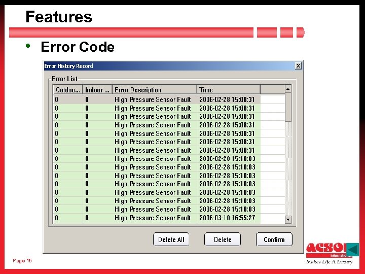 Features • Error Code Page 15 
