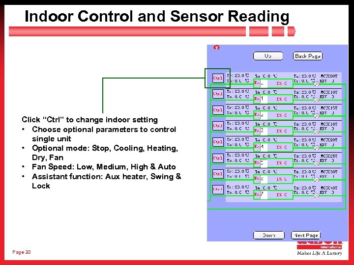 Indoor Control and Sensor Reading Click “Ctrl” to change indoor setting • Choose optional