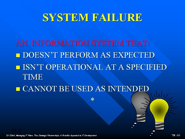 SYSTEM FAILURE AN INFORMATION SYSTEM THAT: n DOESN’T PERFORM AS EXPECTED n ISN’T OPERATIONAL