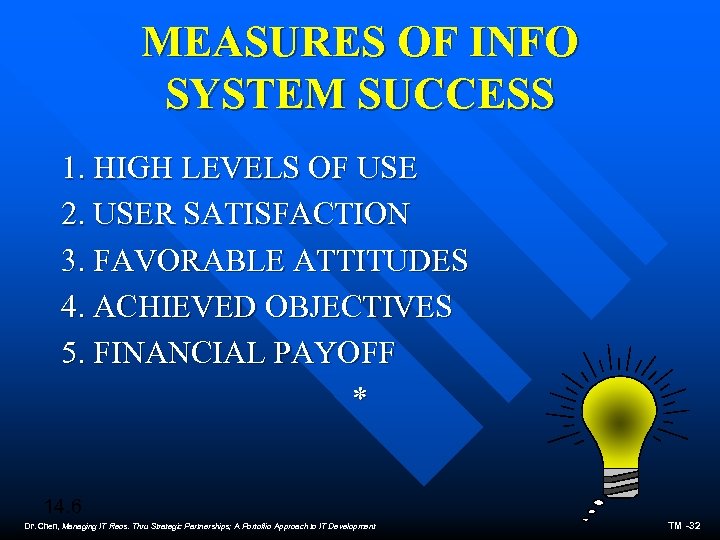 MEASURES OF INFO SYSTEM SUCCESS 1. HIGH LEVELS OF USE 2. USER SATISFACTION 3.