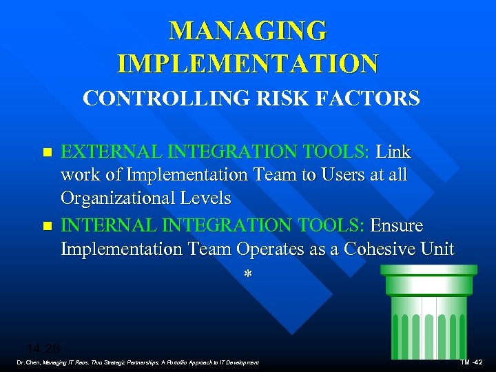 MANAGING IMPLEMENTATION CONTROLLING RISK FACTORS n n EXTERNAL INTEGRATION TOOLS: Link work of Implementation