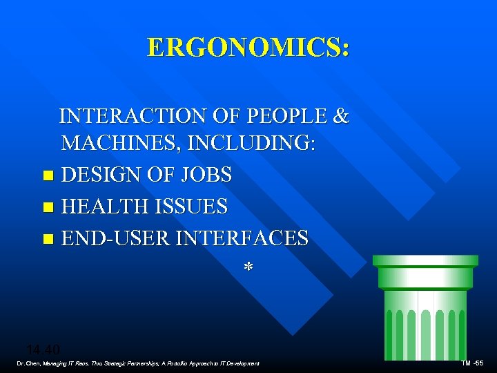 ERGONOMICS: INTERACTION OF PEOPLE & MACHINES, INCLUDING: n DESIGN OF JOBS n HEALTH ISSUES