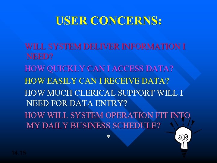 USER CONCERNS: WILL SYSTEM DELIVER INFORMATION I NEED? HOW QUICKLY CAN I ACCESS DATA?