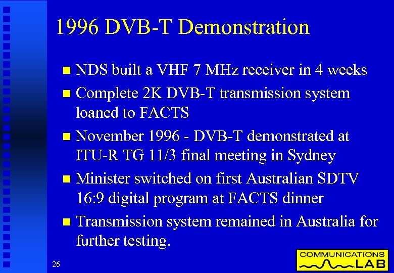 1996 DVB-T Demonstration NDS built a VHF 7 MHz receiver in 4 weeks n
