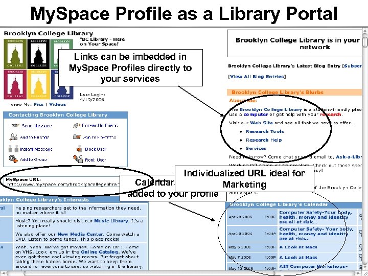 My. Space Profile as a Library Portal Links can be imbedded in My. Space