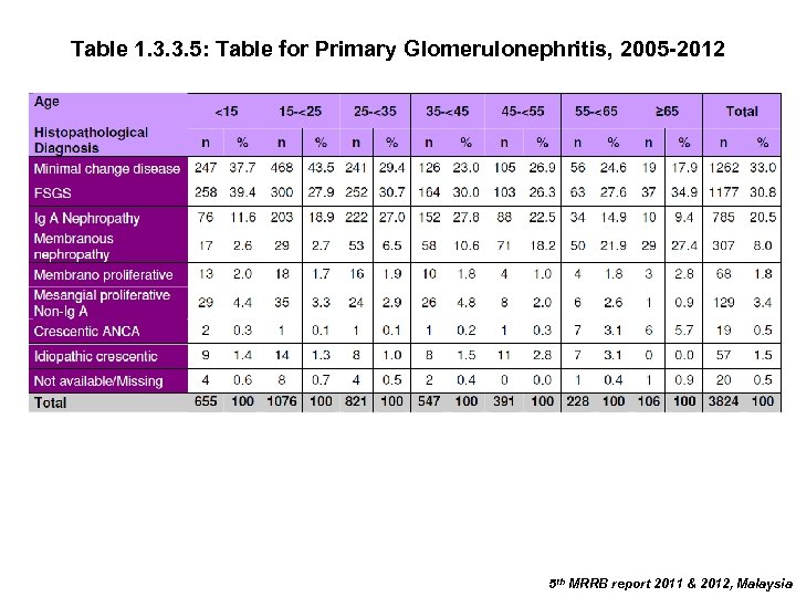 Table 1. 3. 3. 5: Table for Primary Glomerulonephritis, 2005 -2012 5 th MRRB
