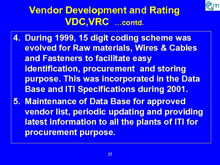 Vendor Development and Rating VDC, VRC …contd. 4. During 1999, 15 digit coding scheme
