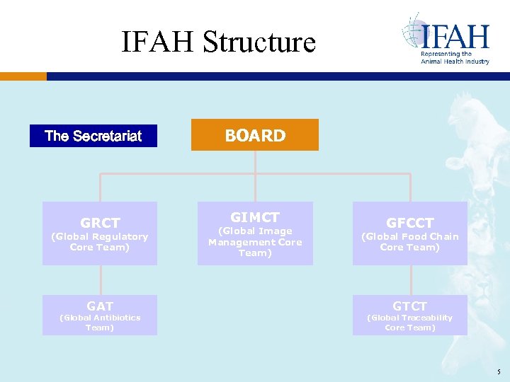 IFAH Structure The Secretariat GRCT (Global Regulatory Core Team) GAT (Global Antibiotics Team) BOARD