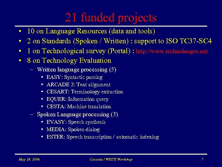 21 funded projects • • 10 on Language Resources (data and tools) 2 on