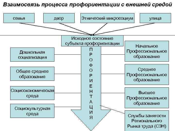 Взаимосвязь процесса профориентации с внешней средой семья двор Дошкольная социализация Общее среднее образование Социоэкономическая