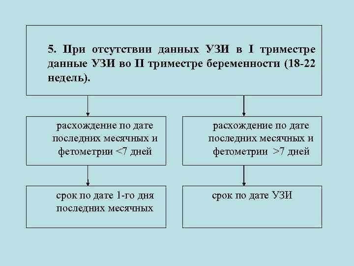 5. При отсутствии данных УЗИ в I триместре данные УЗИ во II триместре беременности