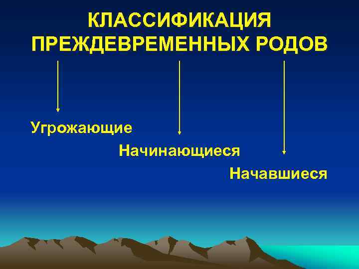 КЛАССИФИКАЦИЯ ПРЕЖДЕВРЕМЕННЫХ РОДОВ Угрожающие Начинающиеся Начавшиеся 