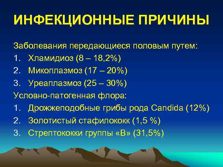 ИНФЕКЦИОННЫЕ ПРИЧИНЫ Заболевания передающиеся половым путем: 1. Хламидиоз (8 – 18, 2%) 2. Микоплазмоз