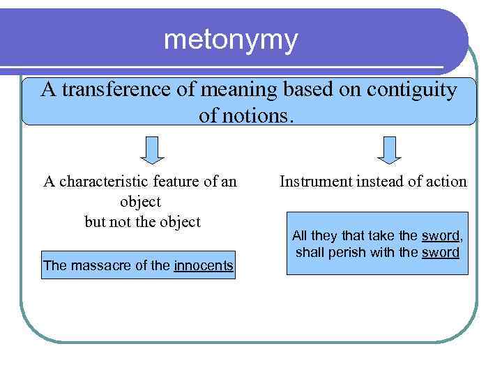metonymy A transference of meaning based on contiguity of notions. A characteristic feature of
