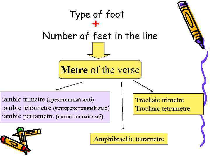 Type of foot + Number of feet in the line Metre of the verse