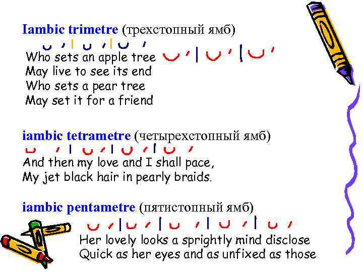 Iambic trimetre (трехстопный ямб) Who sets an apple tree May live to see its