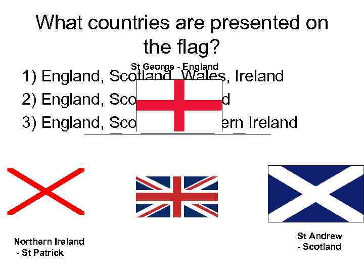 What countries are presented on the flag? St George - England 1) England, Scotland,