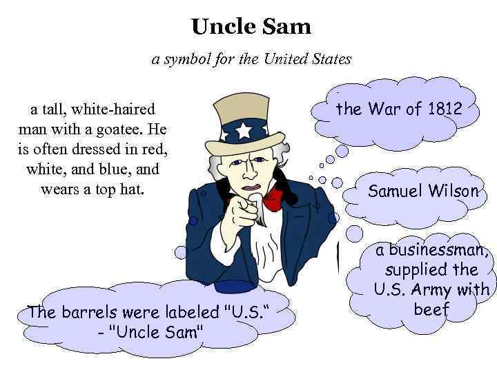 Uncle Sam a symbol for the United States a tall, white-haired man with a