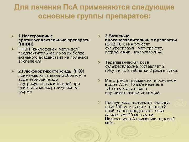Для лечения Пс. А применяются следующие основные группы препаратов: 1. Нестероидные противоспалительные препараты (НПВП).