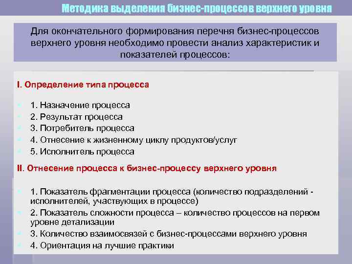 Методика выделения бизнес-процессов верхнего уровня Для окончательного формирования перечня бизнес-процессов верхнего уровня необходимо провести