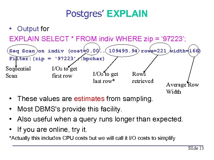 Postgres’ EXPLAIN • Output for EXPLAIN SELECT * FROM indiv WHERE zip = ‘